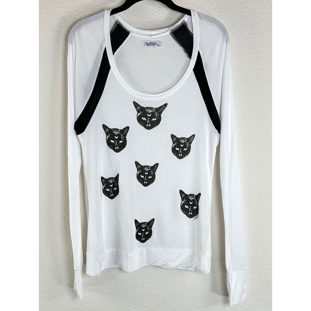 Lauren‎ Moshi Black Cat Moon Long Sleeve Tee Soft Goth Witchy Indie Sleaze